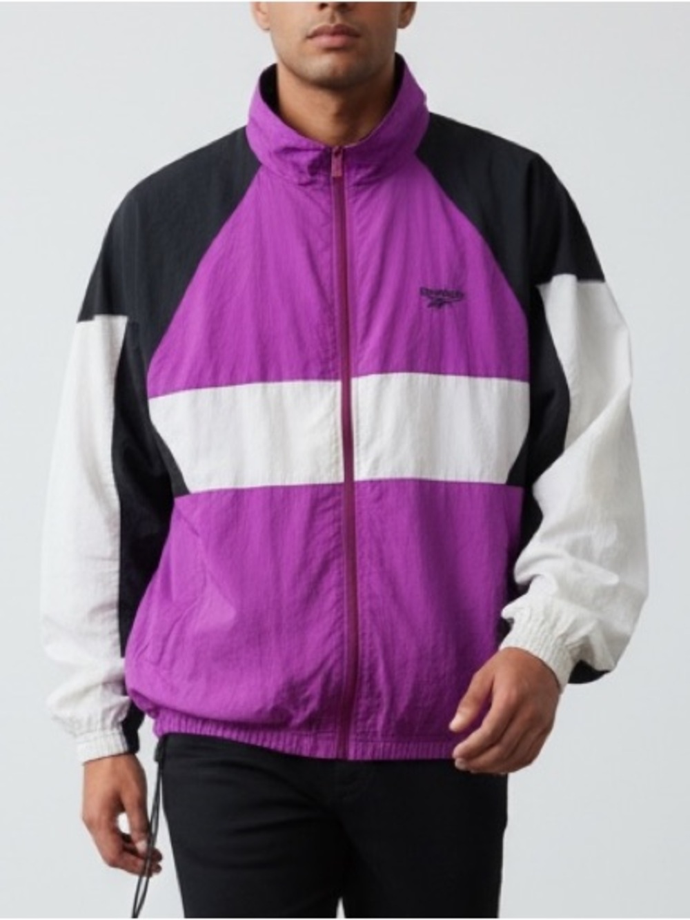Vintage Reebok Jacket Mens Large Purple Black Grey Windbreaker Mesh Lined 90s